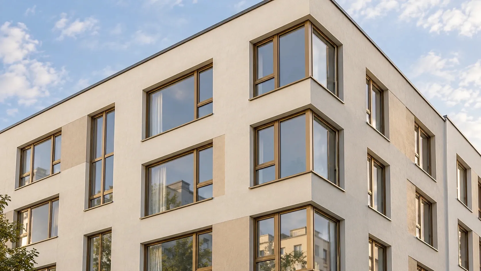 Fassade eines Neubaus mit Holz-Aluminium-Fenstern