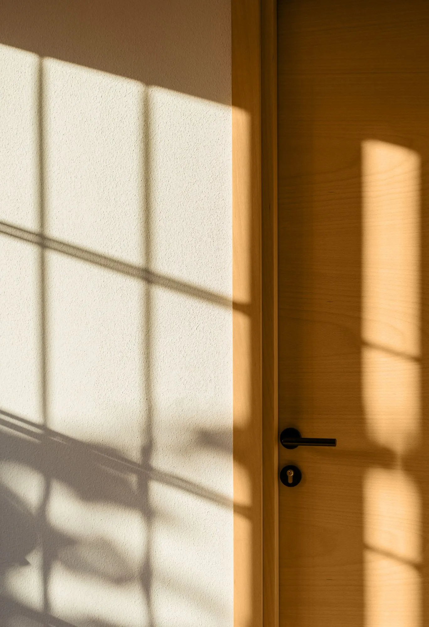 Holztür mit Drücker im Sonnenlicht